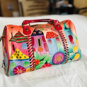 Anuschka Hand-Painted Leather Satchel - Colorful Village